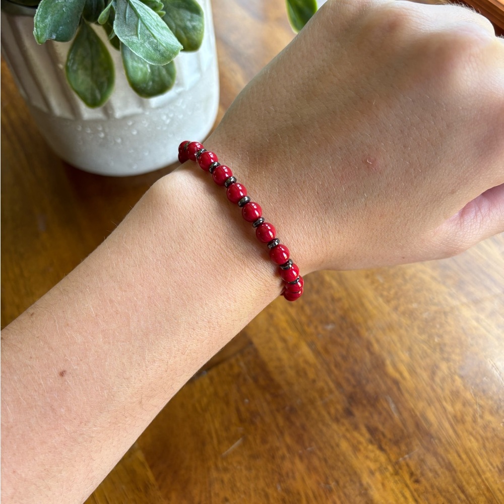 Handmade Red and Gunmetal Beaded Bracelet